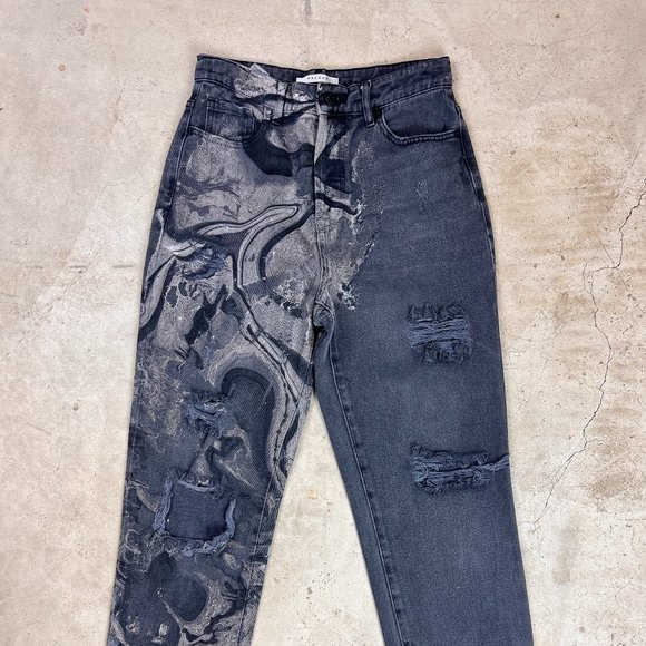 Marble Painted Distressed High Rise Crop Jeans Size 25/26 - One of a Kind! - Picture 3 of 6